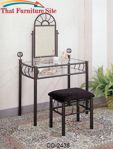 Vanities Casual Wrought Iron Vanity Set with Glass Top and Stool with 