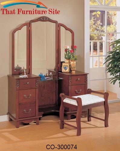 Vanities Traditional Vanity with Tri-fold Mirror and Stool with Fabric