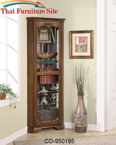 Curio Cabinets 5 Shelf Corner Curio with 1 Door &amp; Acanthus Leaf Top by